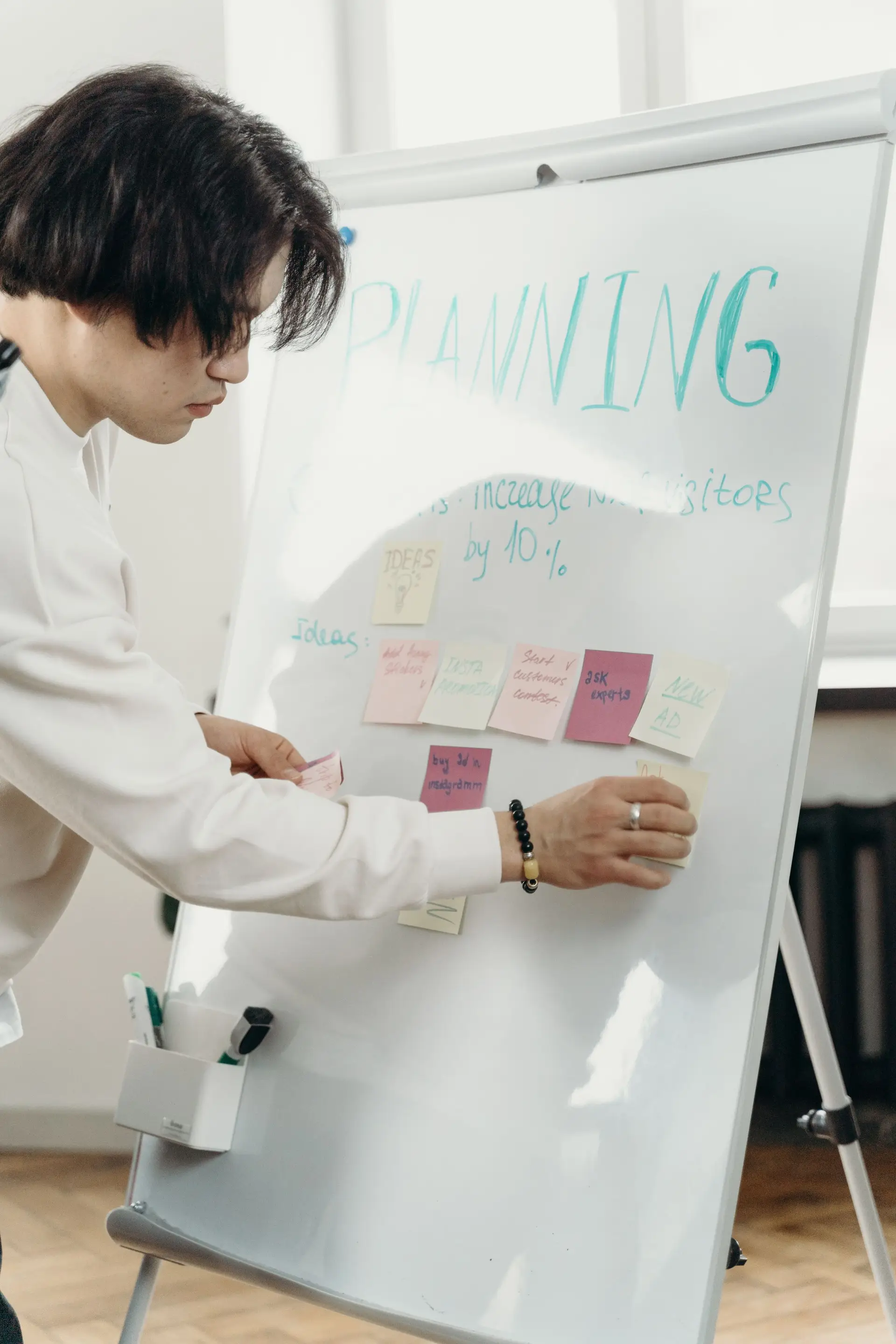 A professional organizing sticky notes on a whiteboard