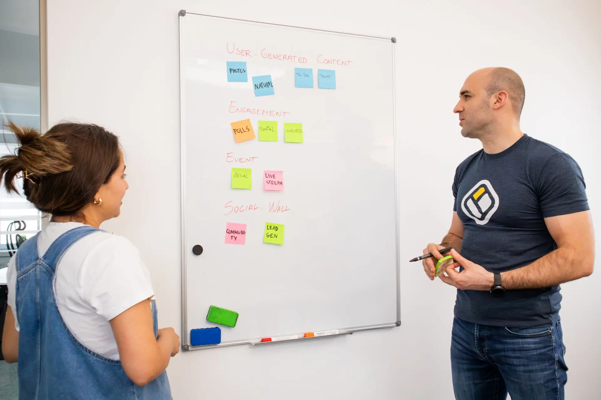 Colleagues planning project priorities with notes on a whiteboard