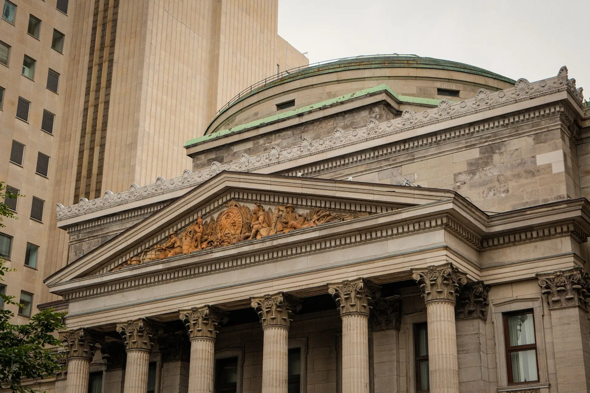 Neoclassical stone facade in downtown Montreal