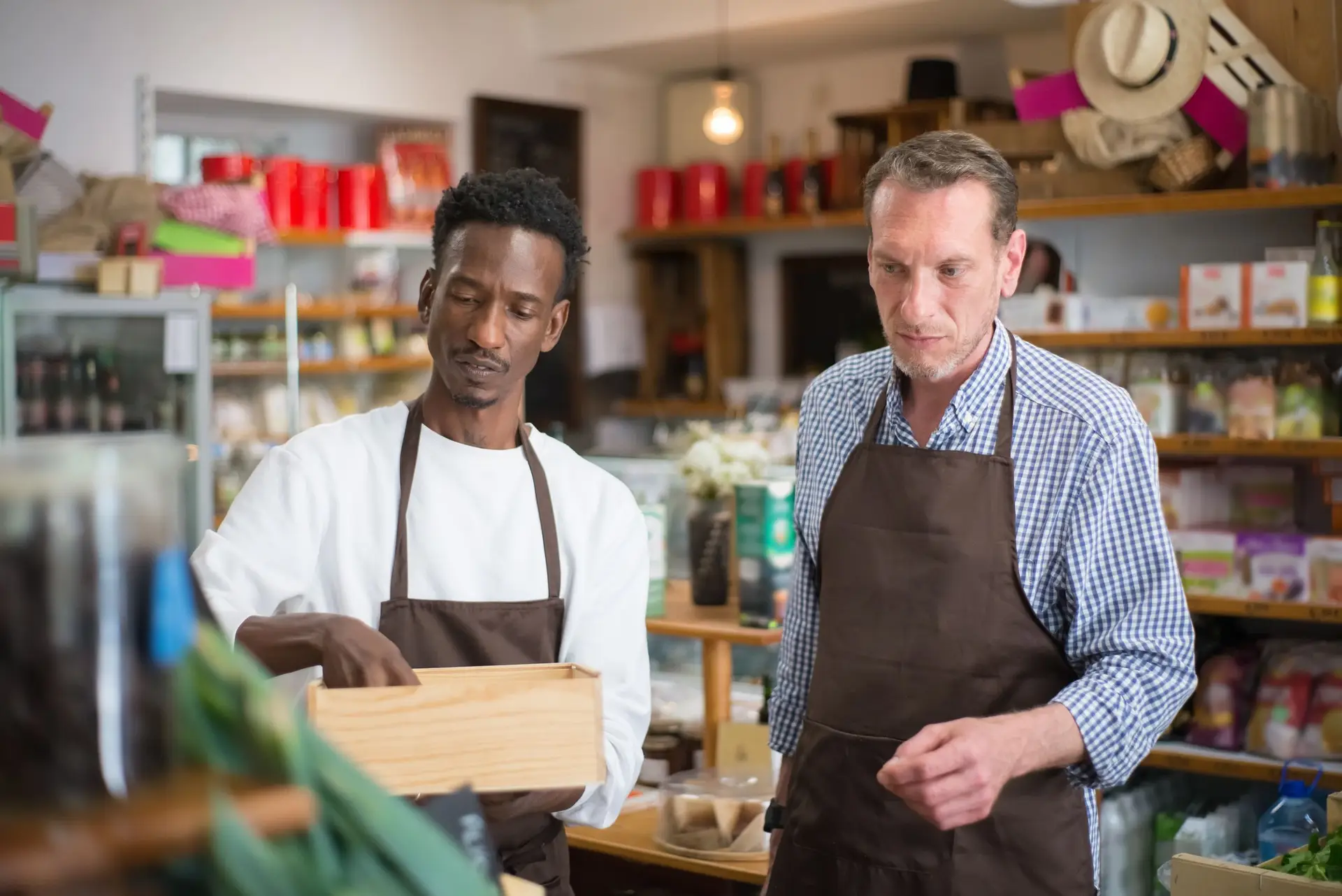Two employees arranging products in a neighbourhood grocery store